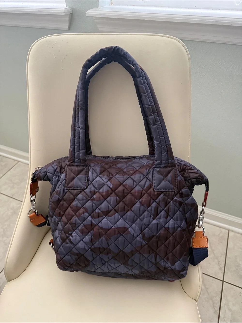 MZ Wallace Sutton Quilted Tote in Dark Navy Camo with Matching Pouch 229